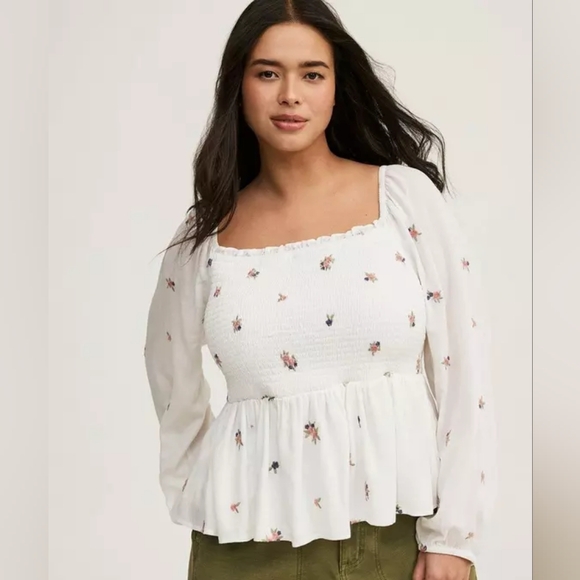 torrid Tops - NWT - Torrid White Floral Smocked Blouse